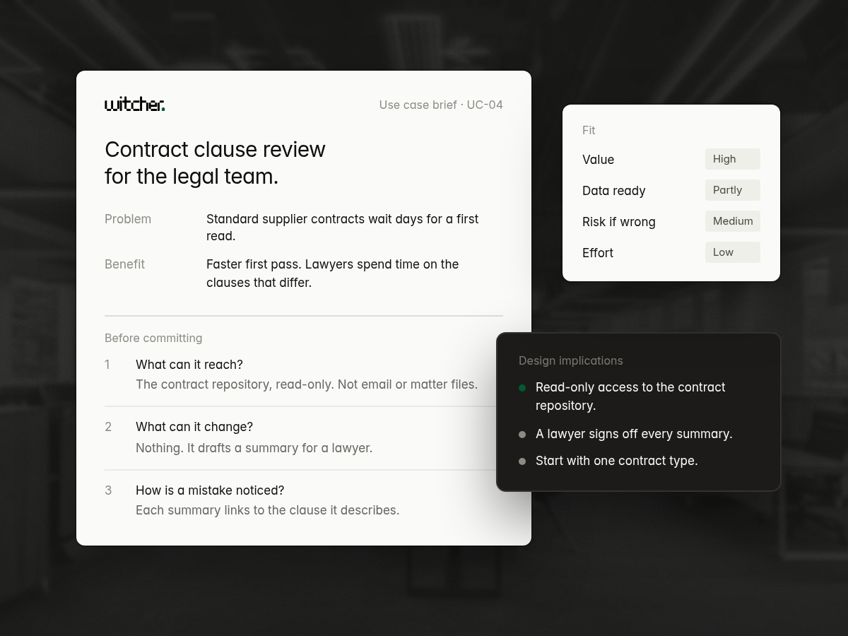 Illustrative use case brief for contract clause review, setting out the problem, the benefit and what the system could reach, change or get wrong before committing